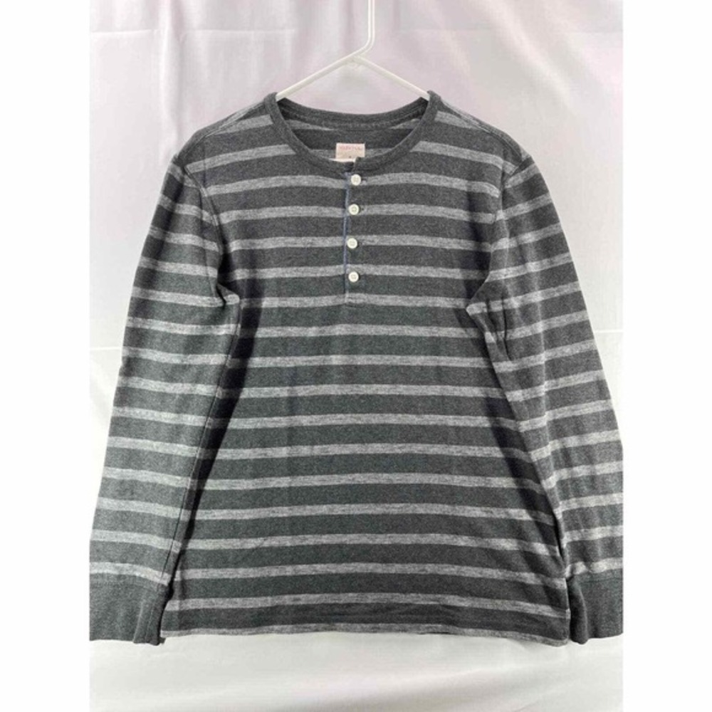 Merona Mens Henley Shirt Medium Gray Long Sleeve Striped‎ Hiking Casual Pullover